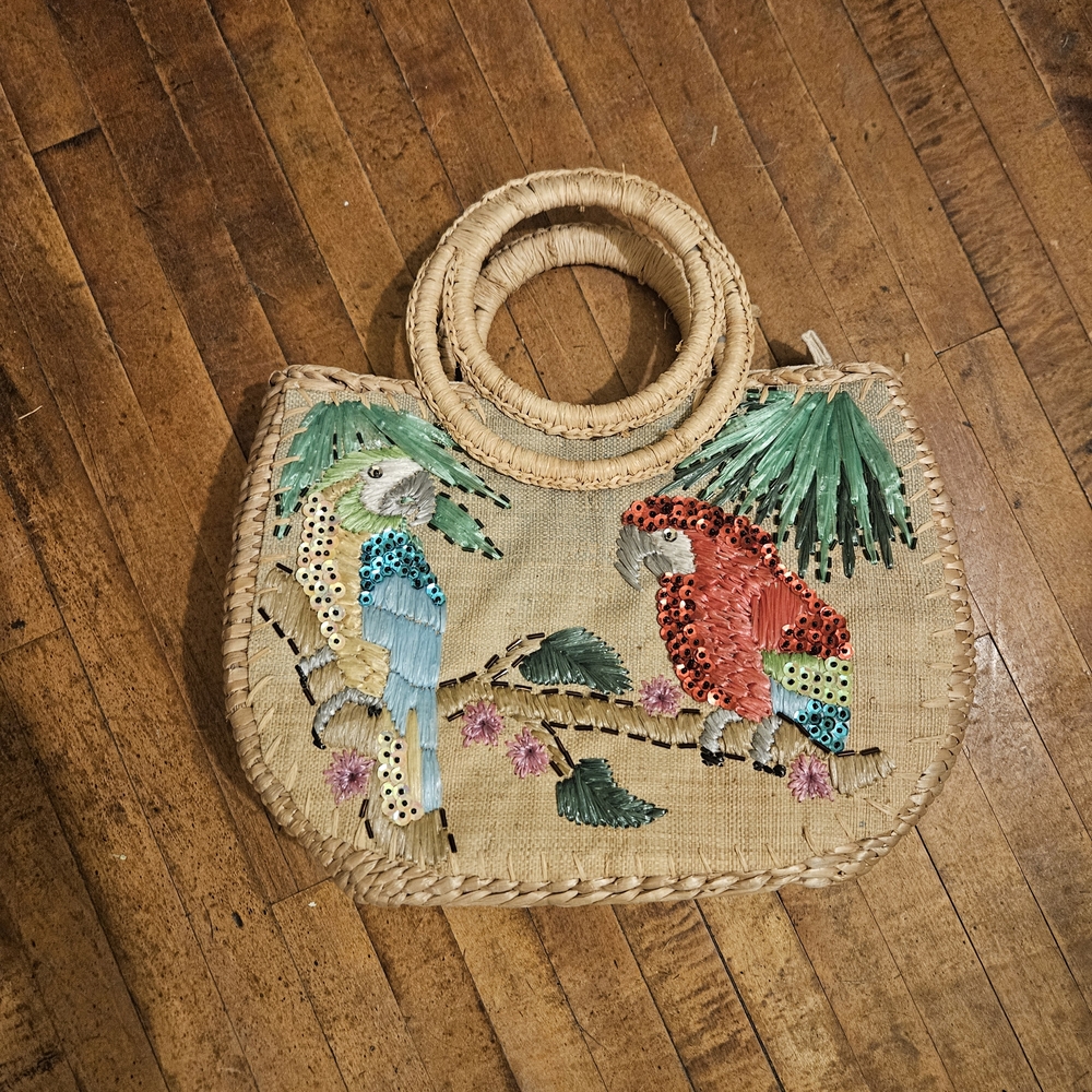 Tropical Parrot Embroidered Straw Bag